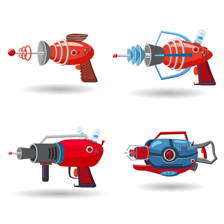 Set cartoon retro space blaster, ray gun, laser weapon. Vector illustration. Cartoon styleのイラスト素材