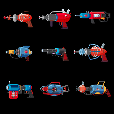 Set cartoon retro space blaster, ray gun, laser weapon. Vector illustration. Cartoon styleのイラスト素材