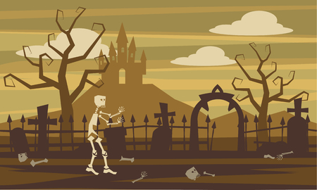 Cartoon style, skeleton, background cemetery, castle, for the game, vector illustrationのイラスト素材