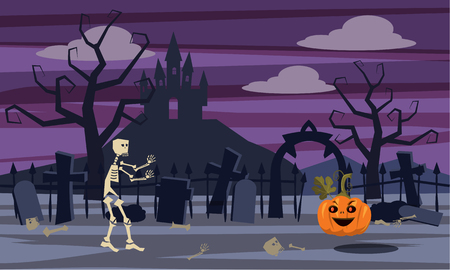 Cartoon style, skeleton, background cemetery, castle, for the game, vector illustrationのイラスト素材