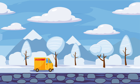 Delivery, winter landscape, trees in the snow, truck, Cartoon style, vector illustrationのイラスト素材
