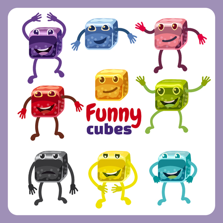 Set of funny characters funny dice in different poses and emotions, for games and applications, cartoon style, vector illustrationのイラスト素材