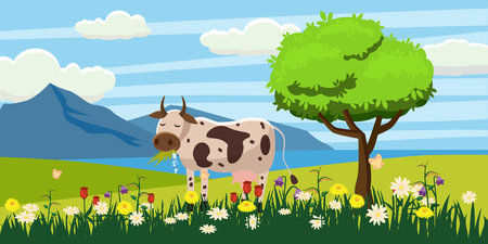 A cow grazes in a meadow eating grass in a landscape, Cartoon style, vector illustrationのイラスト素材
