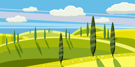 Lovely countryside, farm, village, grazing cows, sheep, flowers, clouds, Cartoon style, vector illustrationのイラスト素材