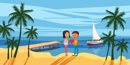Couple sitting on the deck chairs at the sea. View from the back - Love or vacation concept. Vector illustrationのイラスト素材