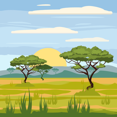 African landscape, savannah, nature, trees, wilderness, cartoon style, vector illustrationのイラスト素材