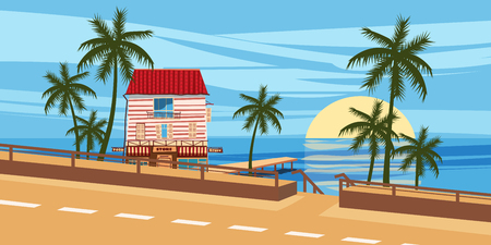 Seascape, road, house, palm trees, tropical, vacation, cartoon style, vector illustrationのイラスト素材