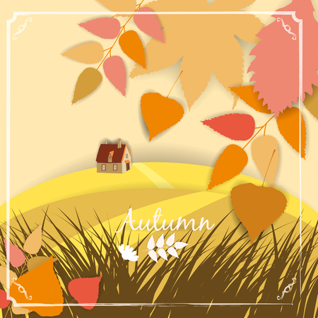 Autumn banner background with paper fall leaves, landscape, temlate, vector, illustration, isolatedのイラスト素材