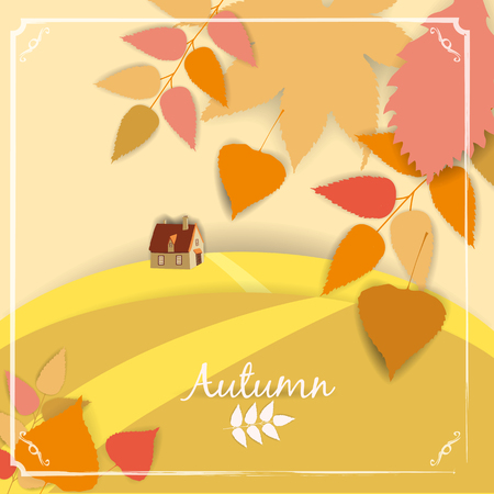 Autumn banner background with paper fall leaves, landscape, temlate, vector, illustration, isolatedの写真素材