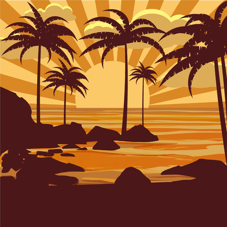 Vector floral tropical background with palm trees, palms silhouettes, beach, sea, ocean, vector, isolated, baner, poster, cardのイラスト素材