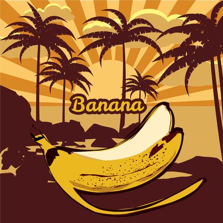 Vector floral tropical background with palm trees, palms silhouettes, banana, beach, sea, ocean, vector, isolated, baner, poster, cardのイラスト素材