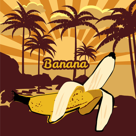 Vector floral tropical background with palm trees, palms silhouettes, banana, beach, sea, ocean, vector, isolated, baner, poster, cardのイラスト素材