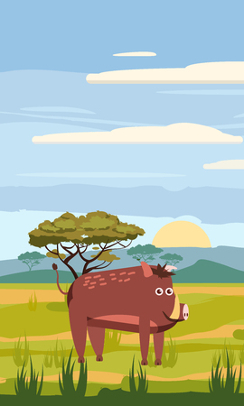 Wild boar cute cartoon style in background savannah Africa, isolated, vectorのイラスト素材