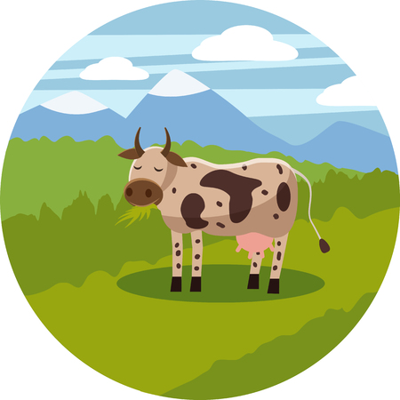 Cute cartoon cow on background landscape illustration, vector, isolatedのイラスト素材