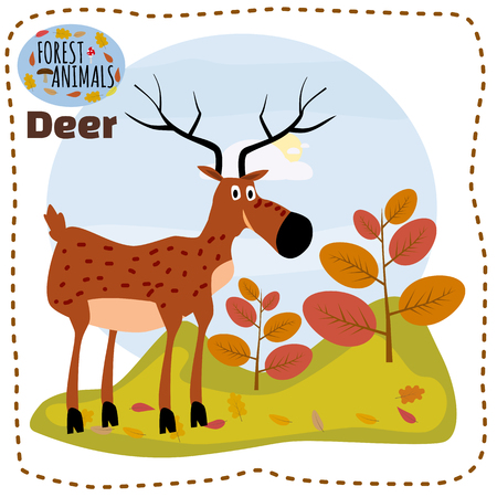 Cute cartoon deer on background landscape forest illustration, vector, isolatedのイラスト素材