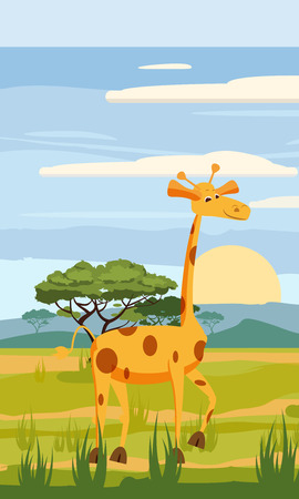 Cute Giraffe cartoon on background landscape forest illustration, vector, isolatedのイラスト素材