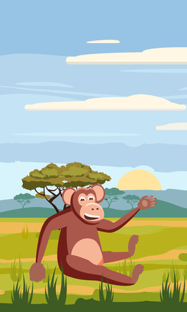 Cute cartoon monkey on background landscape savannah Africa illustration, vectorのイラスト素材