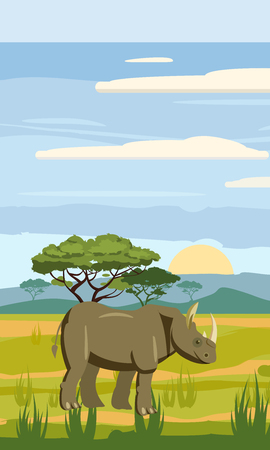 Cute cartoon rhiniceros on background landscape savannah Africa illustration, vectorのイラスト素材
