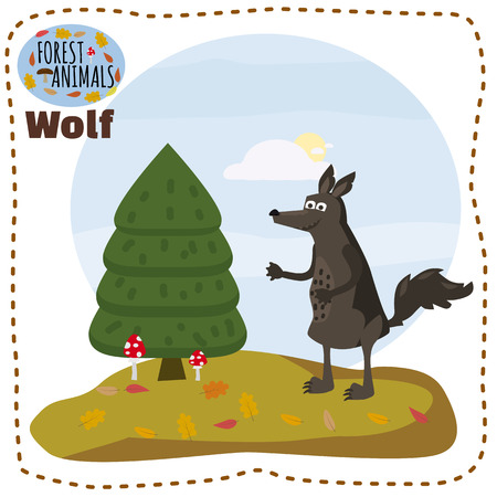 Cute cartoon wolf on background landscape forest illustration, vectorのイラスト素材