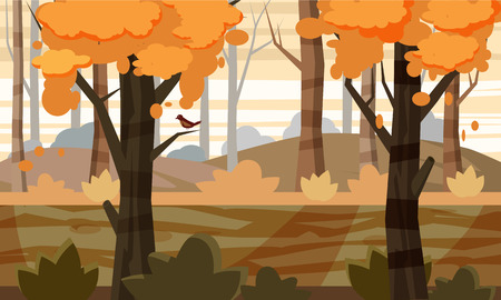 Autumn landscape trees and fall leaves, vector illustration, cartoon style, isolatedのイラスト素材