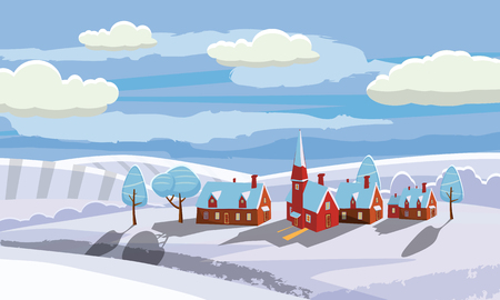 Winter landscape with country house and bullfinches. Cartoon style, vector, isolated