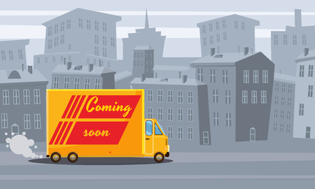 Cartoon cityscape. Old city skyline vector background. Delivery track in city skyline illustration, isolatedのイラスト素材