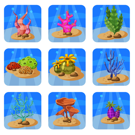 Set of colorful corals and algae on a blue background. Natural underwater vector illustration. Cartoon style, isolatedのイラスト素材