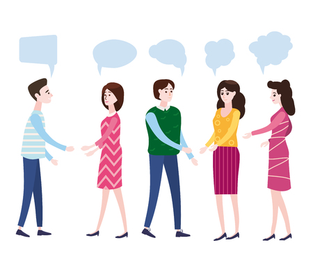 Vector illustration, modern cartoon style, businessmen discuss social network, news, social networks, chat, dialogue speech bubbles, characters, isolatedのイラスト素材