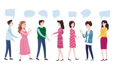 Vector illustration, modern cartoon style, businessmen discuss social network, news, social networks, chat, dialogue speech bubbles, characters, isolatedのイラスト素材