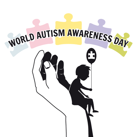 Autism, a small lonely boy sits on the hand of an adult, against a background of puzzles, vector, illustration, isolatedのイラスト素材
