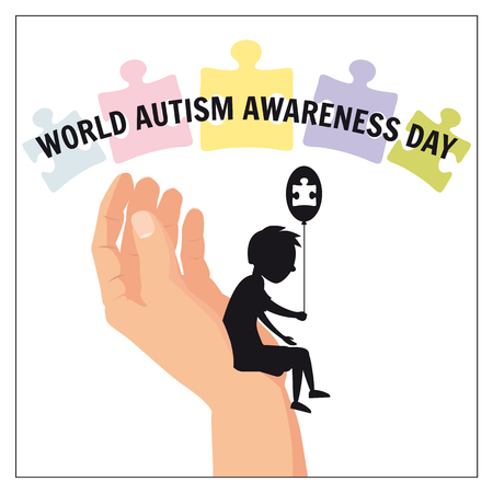 Autism, a small lonely boy sits on the hand of an adult, against a background of puzzles, vector, illustration, isolatedのイラスト素材