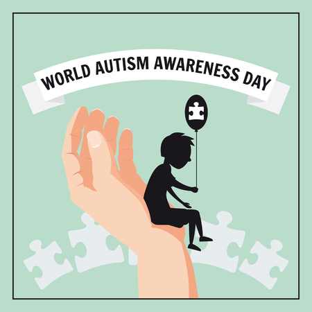 Autism, a small lonely boy sits on the hand of an adult, against a background of puzzles, vector, illustration, isolatedのイラスト素材