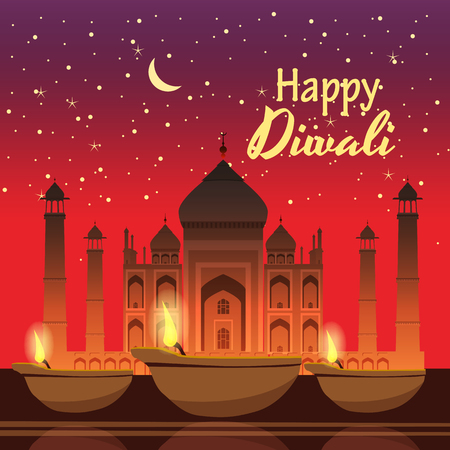 Beautiful greeting card for holiday diwali with burning diy, background Taj Mahal, night, cartoon style, vector, illustrationのイラスト素材