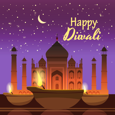 Beautiful greeting card for holiday diwali with burning diy, background Taj Mahal, night, cartoon style, vector, illustrationのイラスト素材