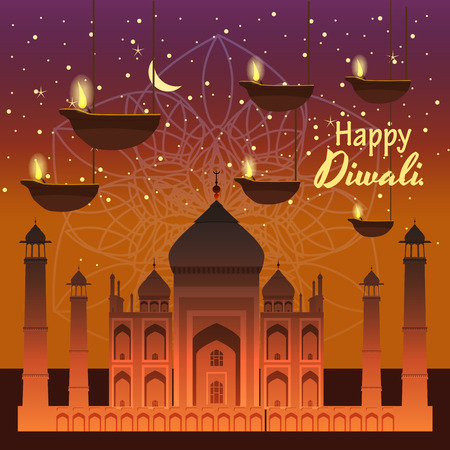 Beautiful greeting card for holiday diwali with burning hanging diy, background Taj Mahal, night, cartoon style, vector, illustrationのイラスト素材