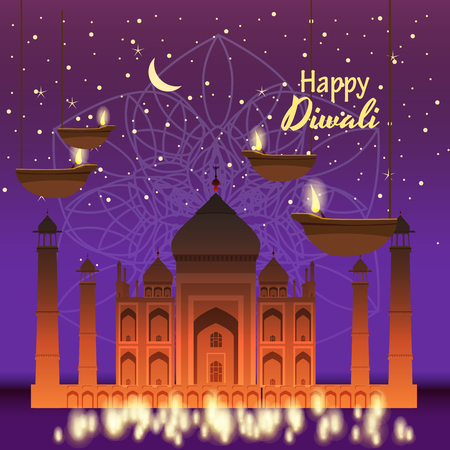Beautiful greeting card for holiday diwali with burning hanging diy, background Taj Mahal, night, cartoon style, vector, illustrationのイラスト素材