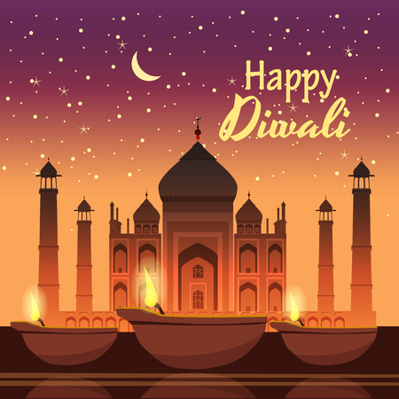 Beautiful greeting card for holiday diwali with burning diy, background Taj Mahal, night, cartoon style, vector, illustrationのイラスト素材