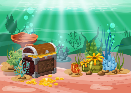Underwater landscape. The ocean and the undersea world with different inhabitants, corals and pirate chest . Web and mobiles game design or screen savers. Cartoon style, isolatedのイラスト素材