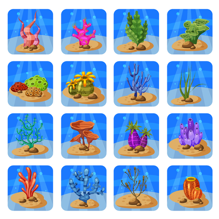 Set of colorful corals and algae on a blue background. Natural underwater vector illustration. Cartoon style, isolatedのイラスト素材