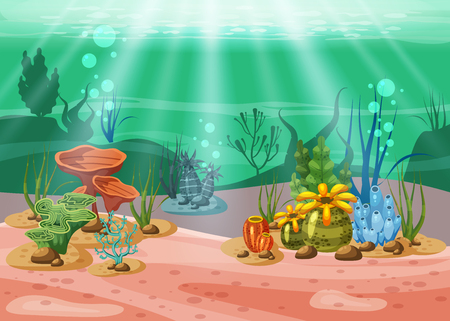 Underwater illustration and life. the beauty of marine life. Algae and coral reefs are beautiful and colorful, vector, isolated, cartoon styleのイラスト素材