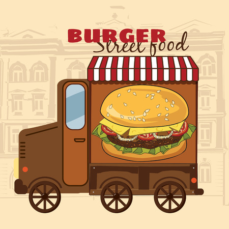 Street food car, delicious juicy burger with ingredients, in package, vector, illustrationのイラスト素材