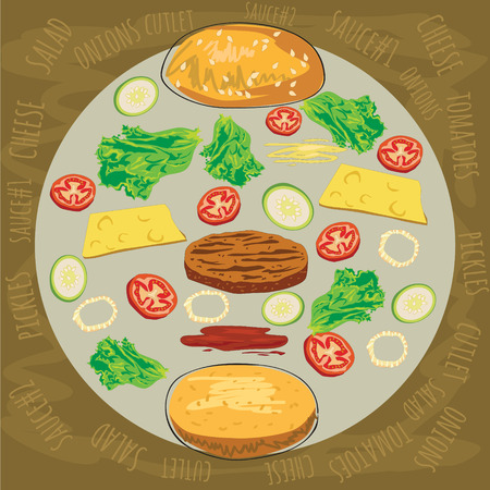 Delicious juicy burger with ingredients a set of salad, tomatoes, cheese, onions, cutlets, sauce, vector, illustration, isolatedのイラスト素材