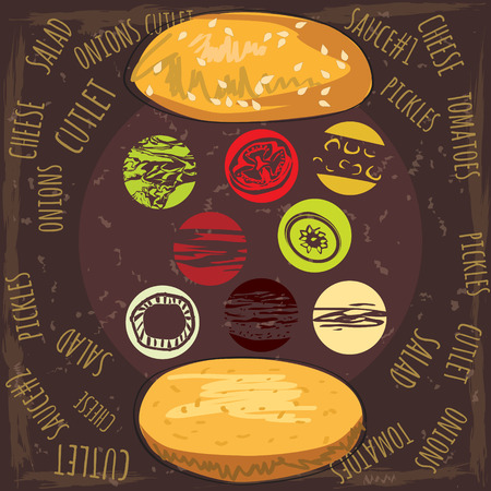 Delicious juicy burger with ingredients a set of salad, tomatoes, cheese, onions, cutlets, sauce, vector, illustration, isolatedのイラスト素材