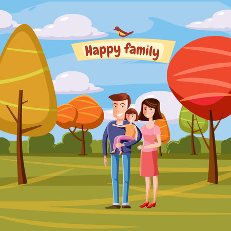 Young family with toddler walking in the park outdoors, landscape retro cartoon vector illustrationのイラスト素材