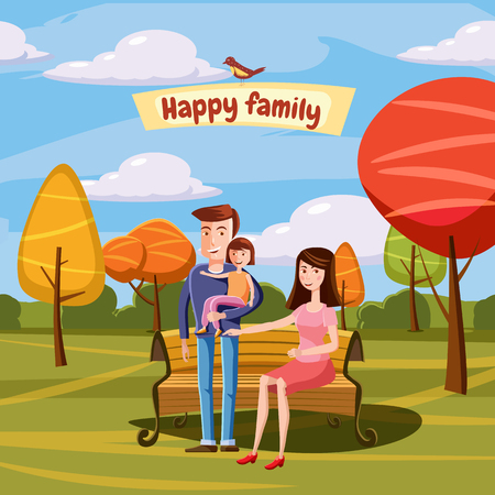 Young family with toddler walking in the park outdoors, bench, landscape retro cartoon vector illustrationのイラスト素材