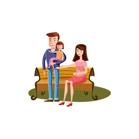 Young family with toddler walking in the park bench, landscape retro cartoon vector illustrationのイラスト素材