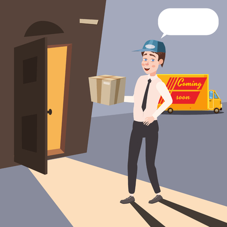 Delivery worker brings a parcel, cartoon style, isolated, vectorのイラスト素材