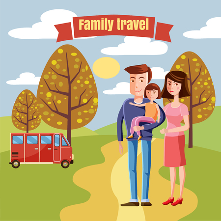 Young family with toddler walking in the park outdoors, landscape retro cartoon vector illustrationのイラスト素材