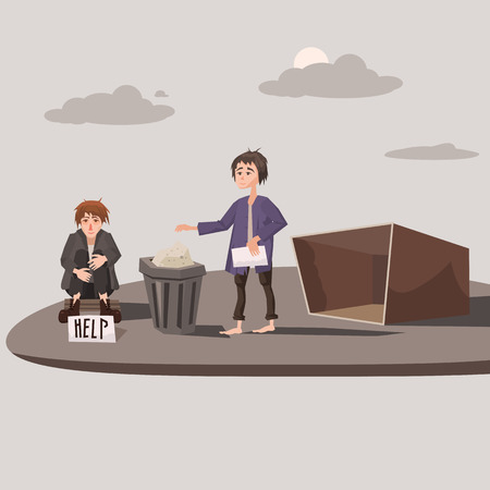 Homeless children asking for help, background cityscape, vector illustration, conceptのイラスト素材