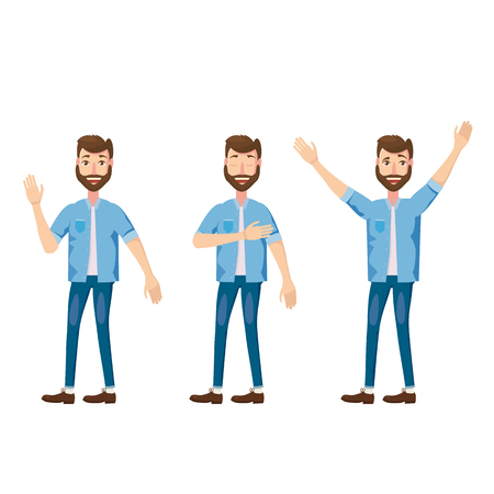 Set of male facial emotions. Bearded man emoji character with different expressions poses. Vector illustration in cartoon styleのイラスト素材